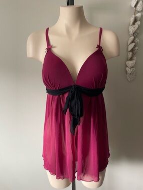 La Vie En Rose Babydoll Lingerie Night Dress Bow Rasberry Pink Mesh Coquette XL
